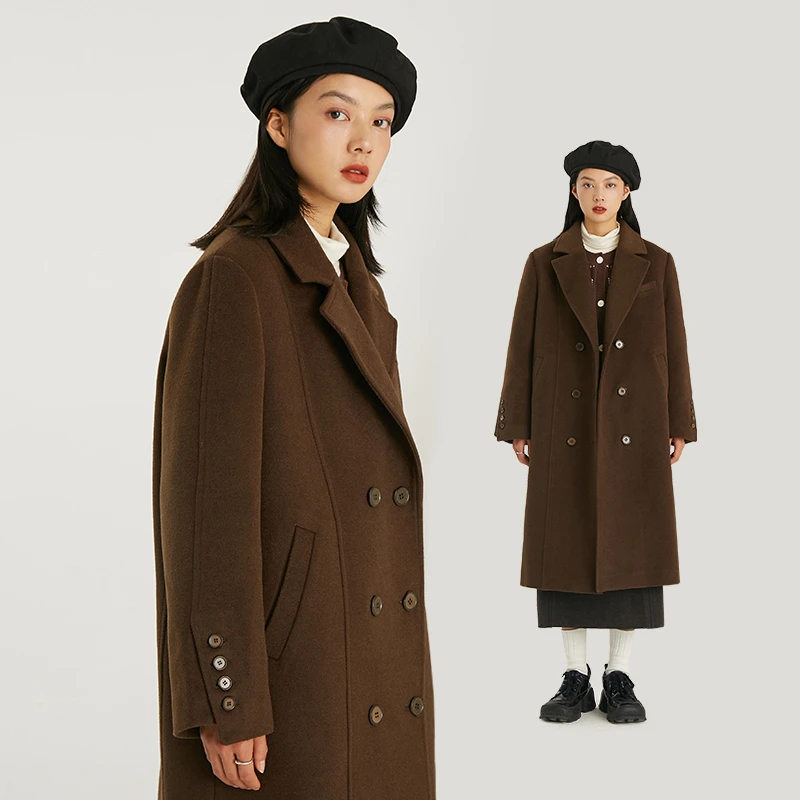 omont蛋挞家 复古双排扣黑色毛呢外套女中长款呢大衣1D1220D01XD