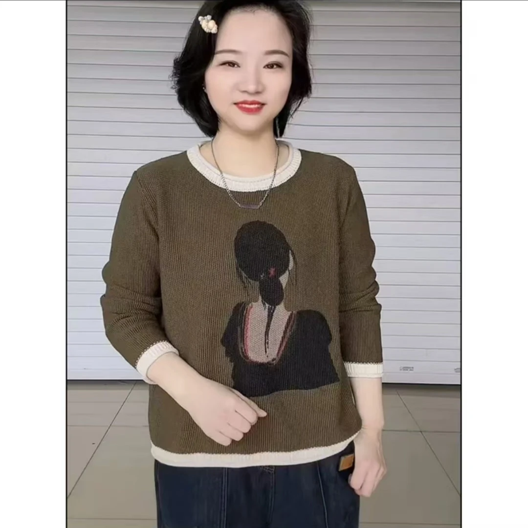 秋冬新款圆领毛衣女长袖拼色背影美图百搭宽松显瘦洋气打底针织衫