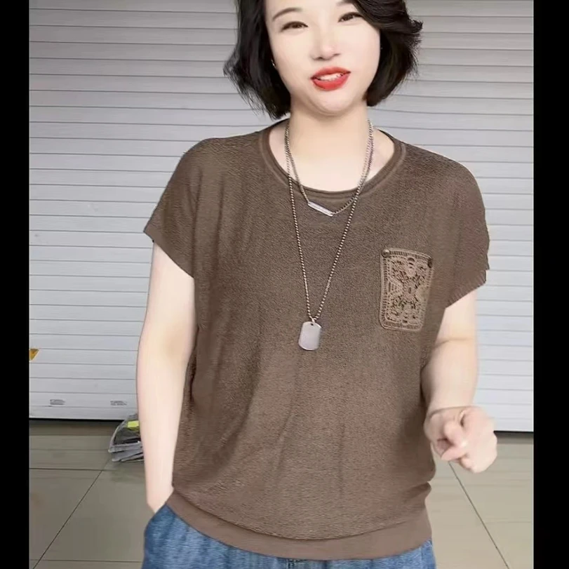 2024新款夏季短袖薄款圆领蕾丝口袋气质时尚休闲百搭显瘦针织短袖