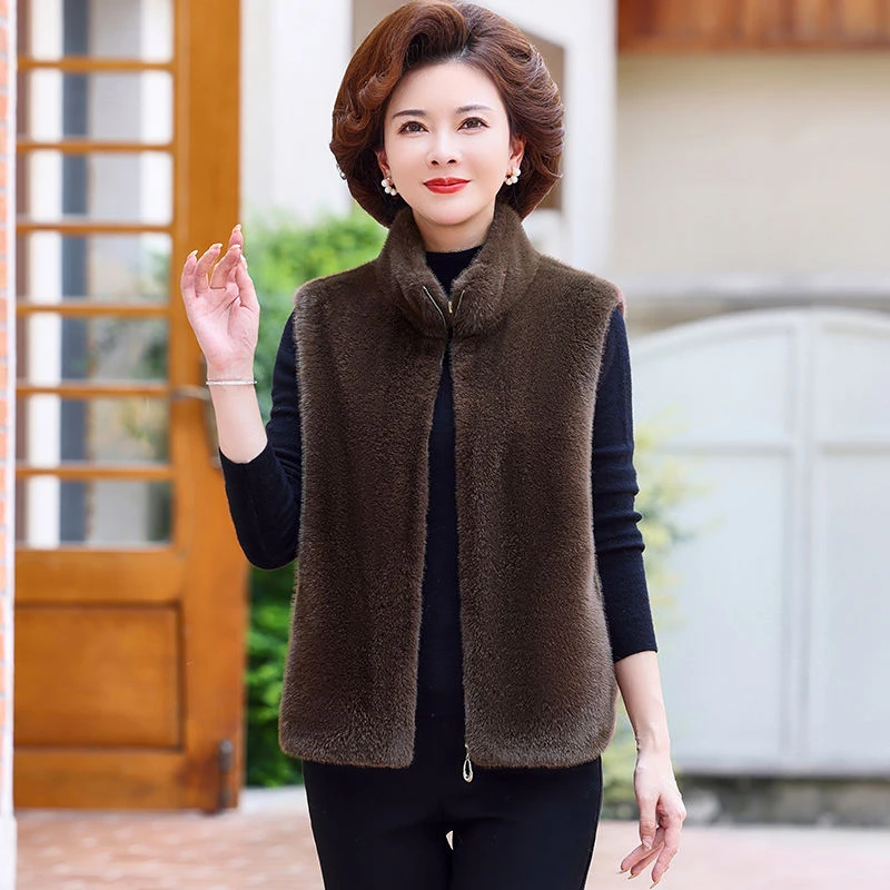 时尚立领马甲欧貂绒皮毛一体拉链款中年妈妈装百搭休闲无袖坎肩女