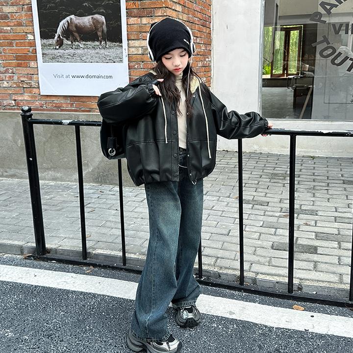女童中大童秋季新款阔版宽松百搭休闲时尚穿搭皮衣外套