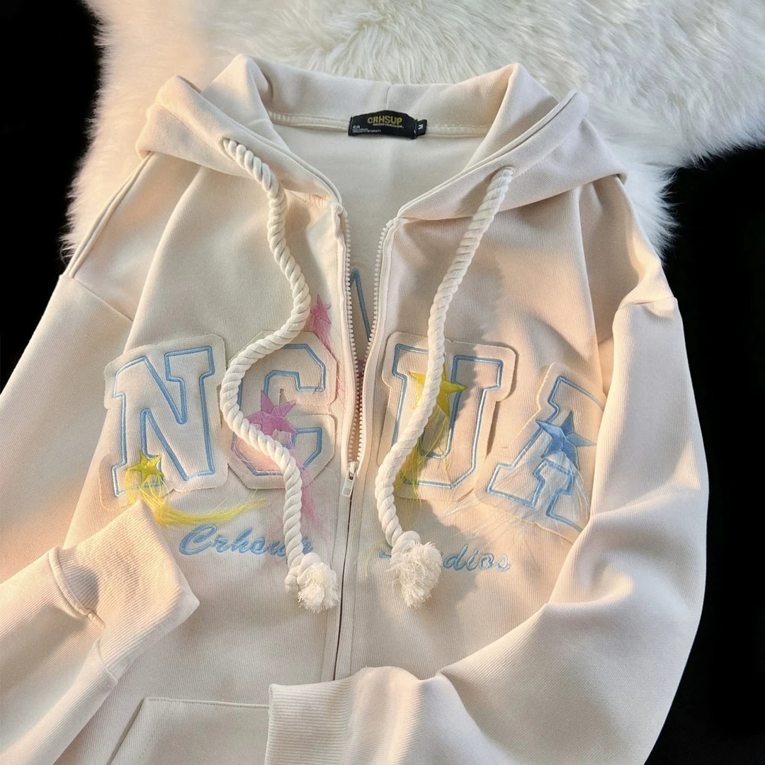 美式潮牌星星刺绣开衫卫衣男女秋季复古街头宽松百搭情侣连帽外套