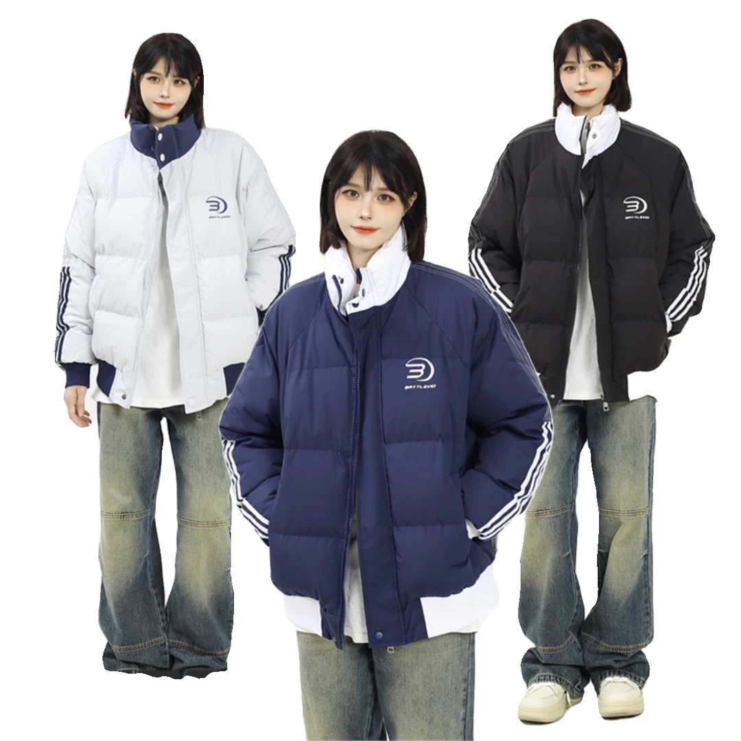 美式街头三条杠条纹立领棉服棉衣男女冬季加厚保暖情侣面包服外套