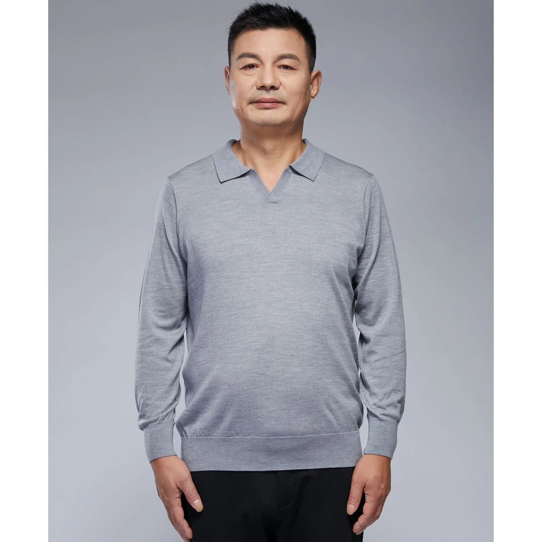 2406-10澳洲进口美丽诺精纺100%羊毛男士春秋翻领长袖套衫