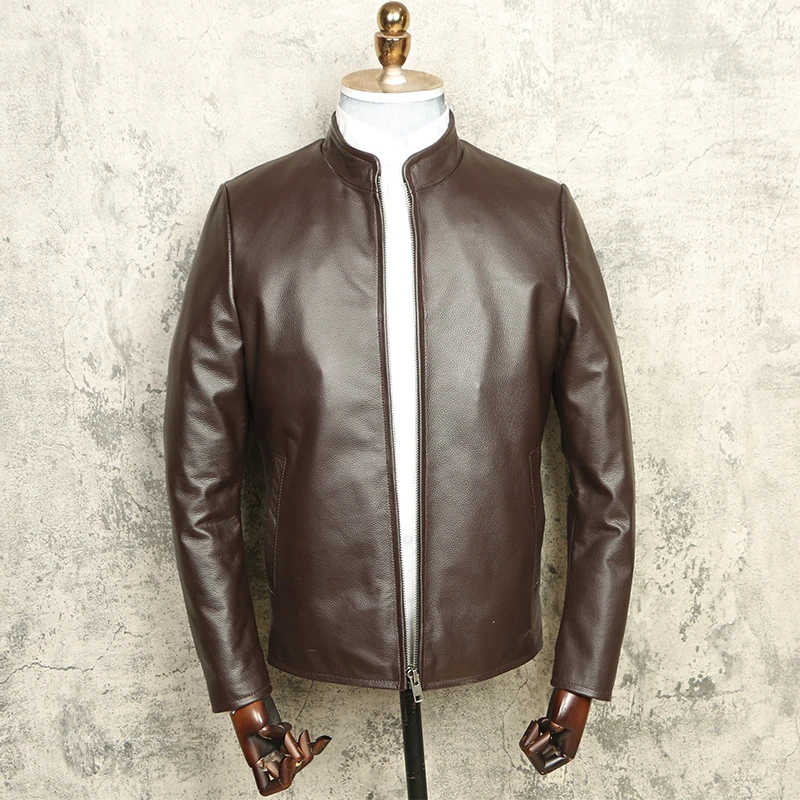 头层纯牛皮 真皮皮衣男短款 小立领 修身机车皮夹克 简约休闲外套