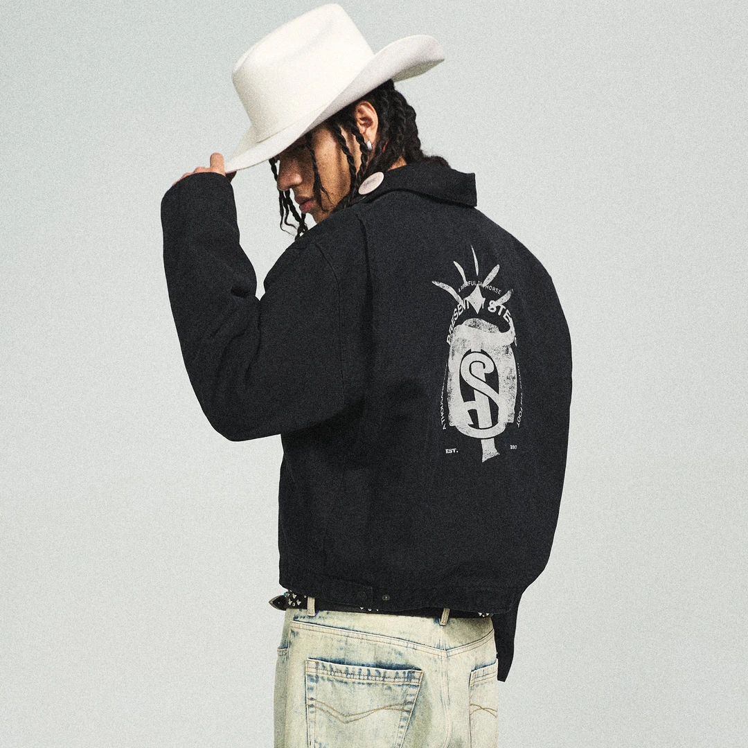 STEEPC 复古翻领MoneMade水洗绿松石打钉黑色夹克外套