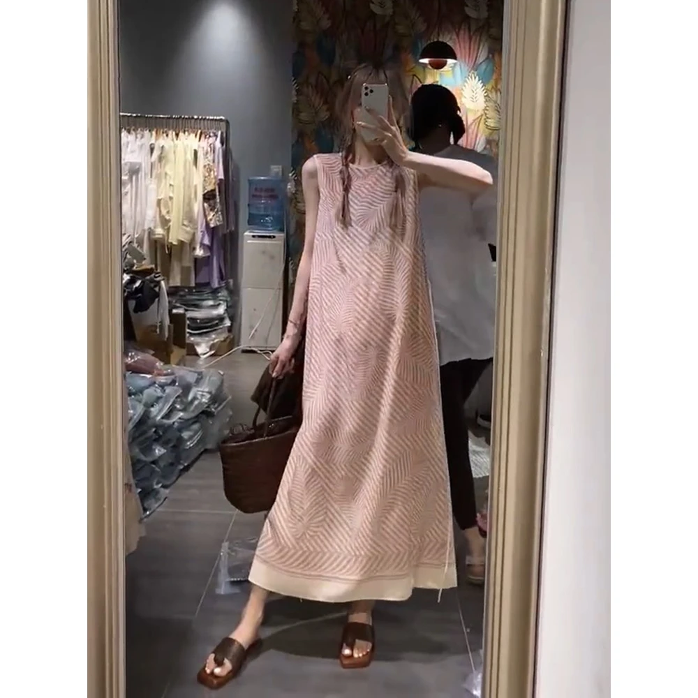 大牌高端无袖连衣裙爆款2023女新款夏季法式粉色长裙子质感高级感