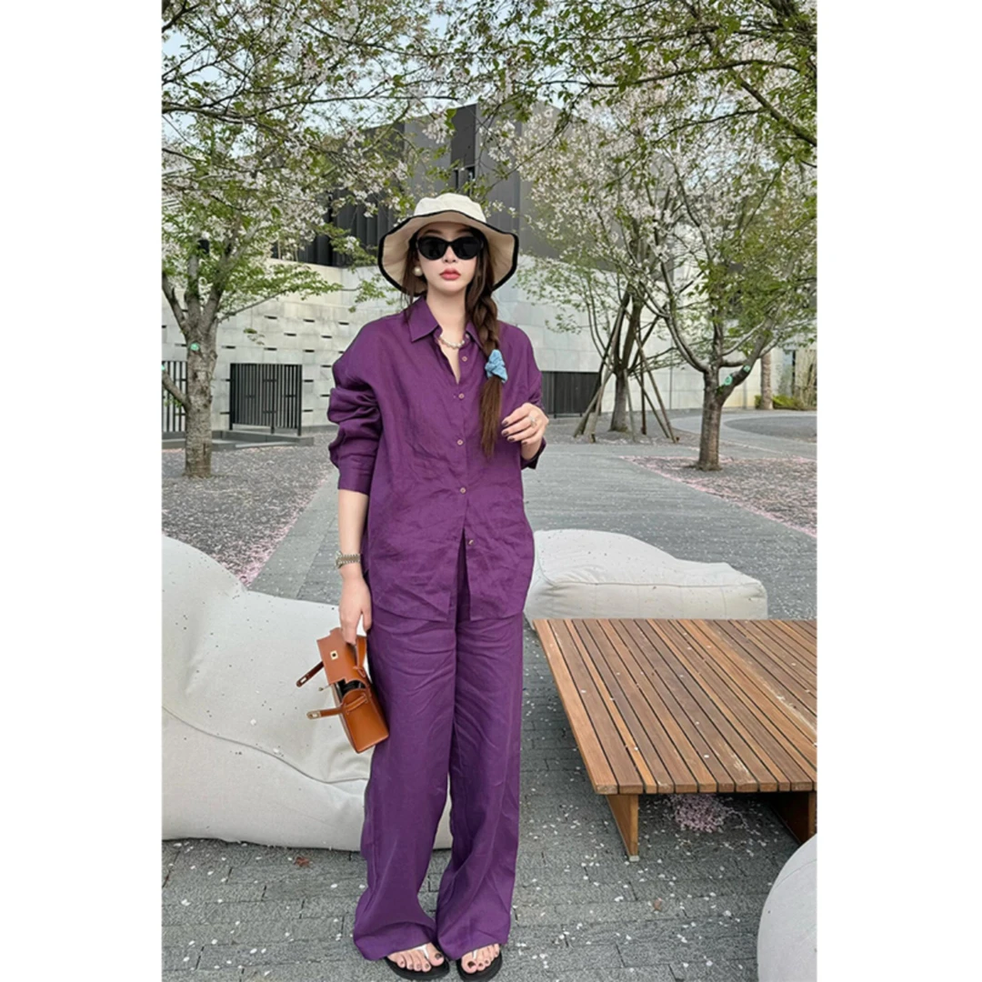 高端亚麻套装女夏休闲轻熟减龄长袖棉麻紫色衬衫阔腿裤两件套