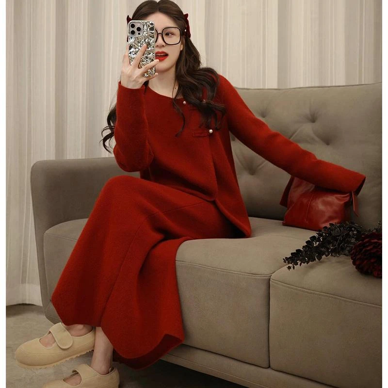 新中式国风小香风套装女冬季设计感红色针织上衣半身裙两件套洋气
