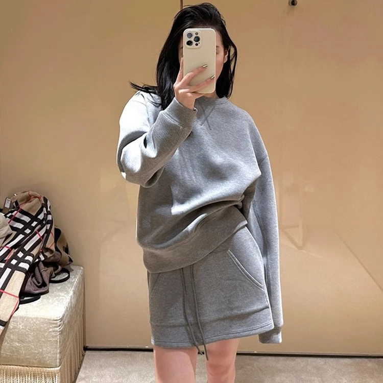 欧货休闲运动套装女春季潮牌宽松圆领灰色卫衣半身裙两件套小香风