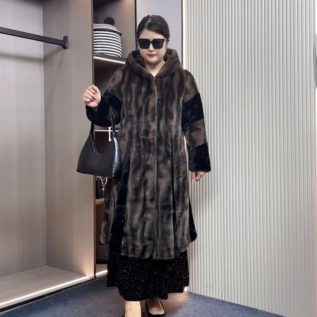 A35气质连帽宽松长款貂绒加厚环保毛仿皮草女士秋冬长款外套2405