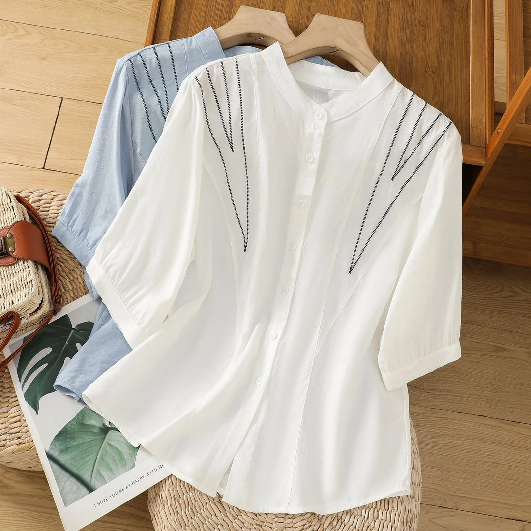 短袖刺绣衬衫女2024年夏清新新款韩版大码时尚宽松百搭气质衬衣