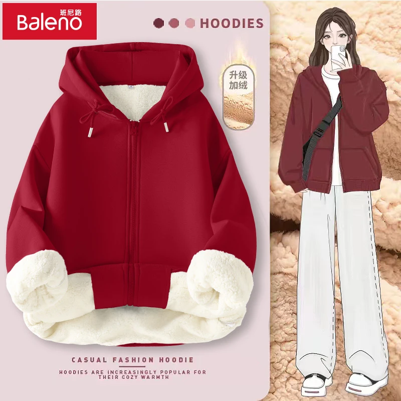 BALENO/班尼路加绒连帽卫衣女秋冬红色显白显高羊羔绒休闲外套pc