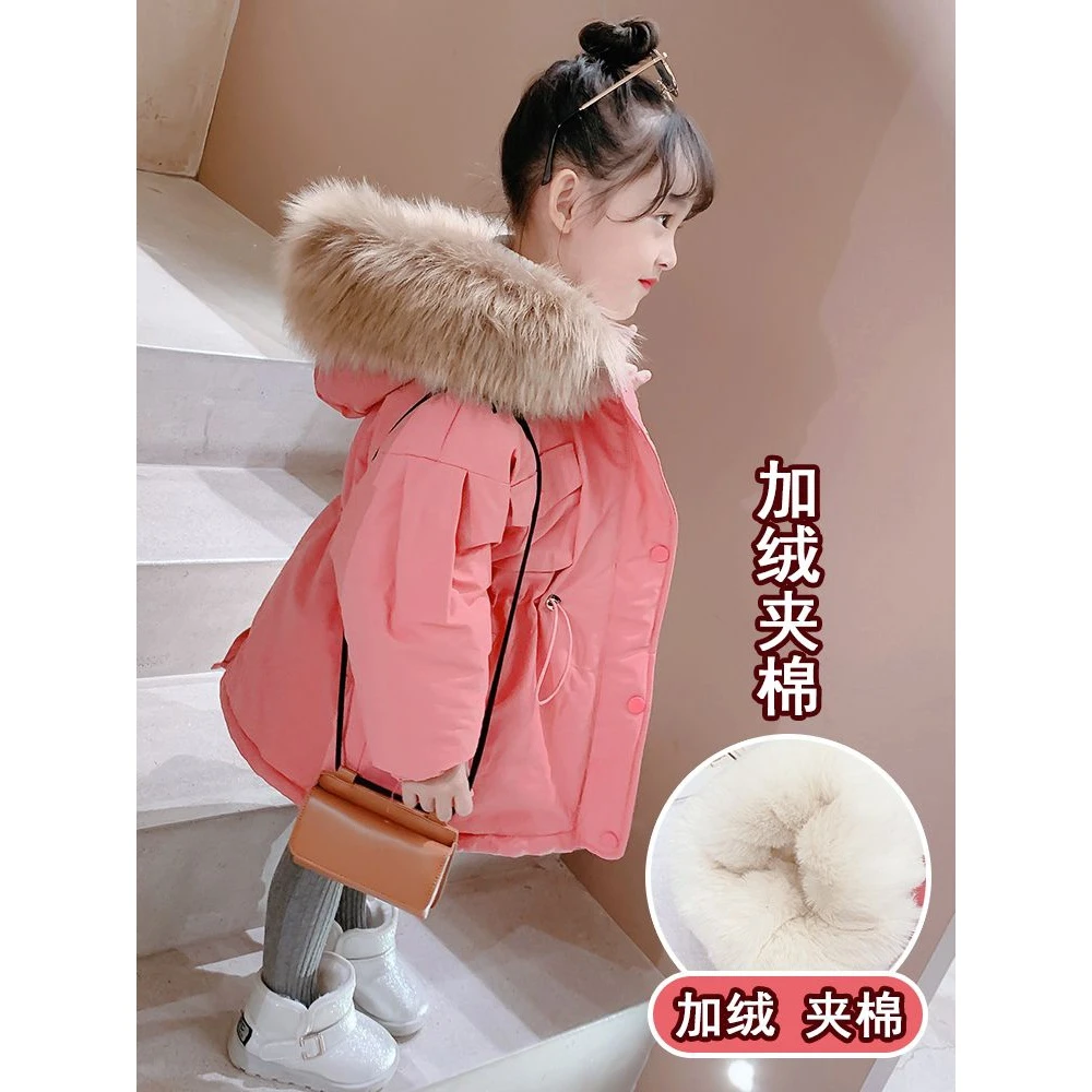 女童派克服加绒夹棉中小童加厚棉衣中长款儿童女宝宝洋气外套冬装