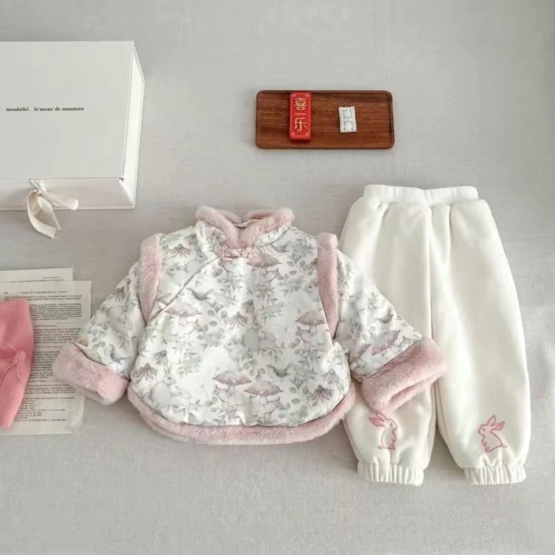 女童冬季新款套装加绒夹棉上衣加绒保暖长裤儿童拜年汉服新款年服