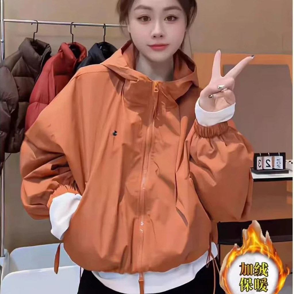 【夹棉加厚】2024款连帽拉链短款加厚保暖休闲长袖冲锋衣外套女