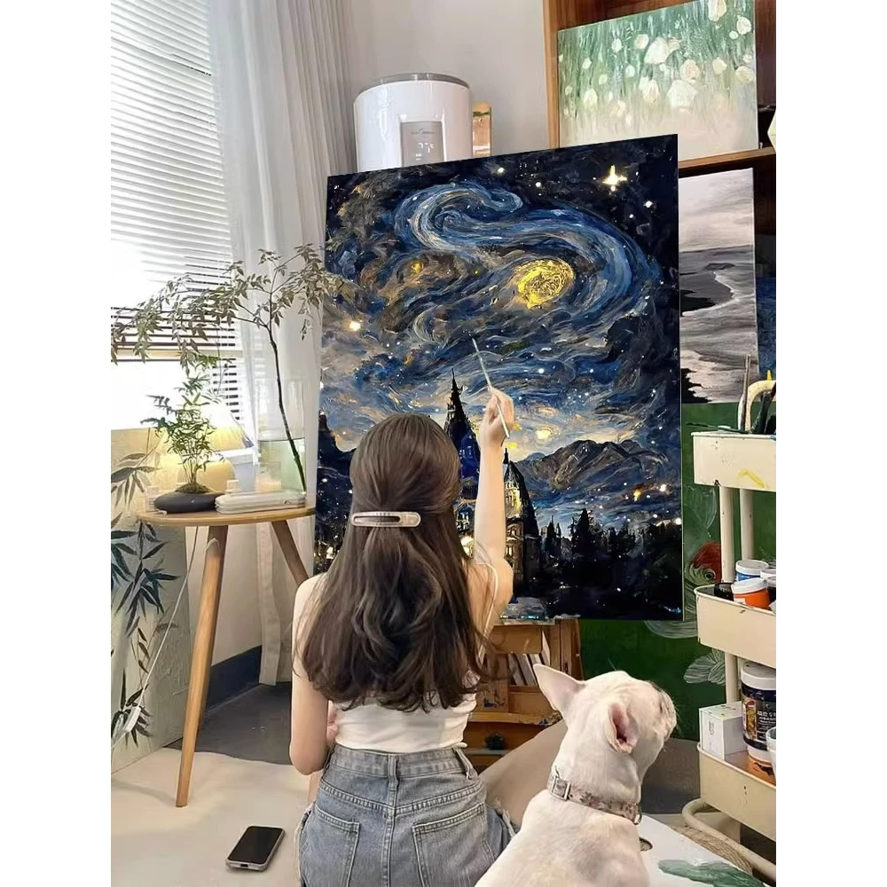 数字油画diy梵高霍格沃兹画画高级感填色油彩画解压填充丙烯挂画