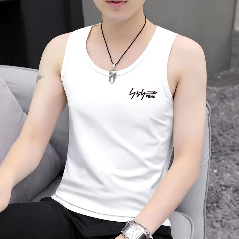 夏季百搭简约修身背心印花无袖坎肩T恤男士潮流打底汗衫2025新款