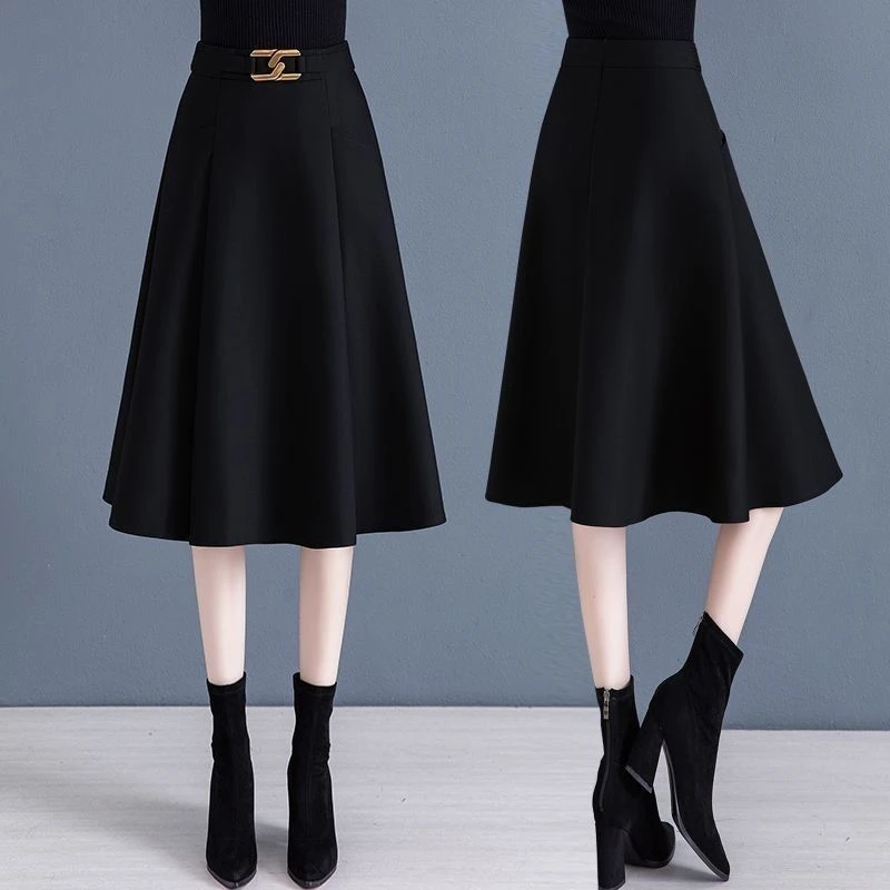 黑色毛呢半身裙女新款百褶裙秋冬中长款a字裙显瘦遮胯大摆裙黑色