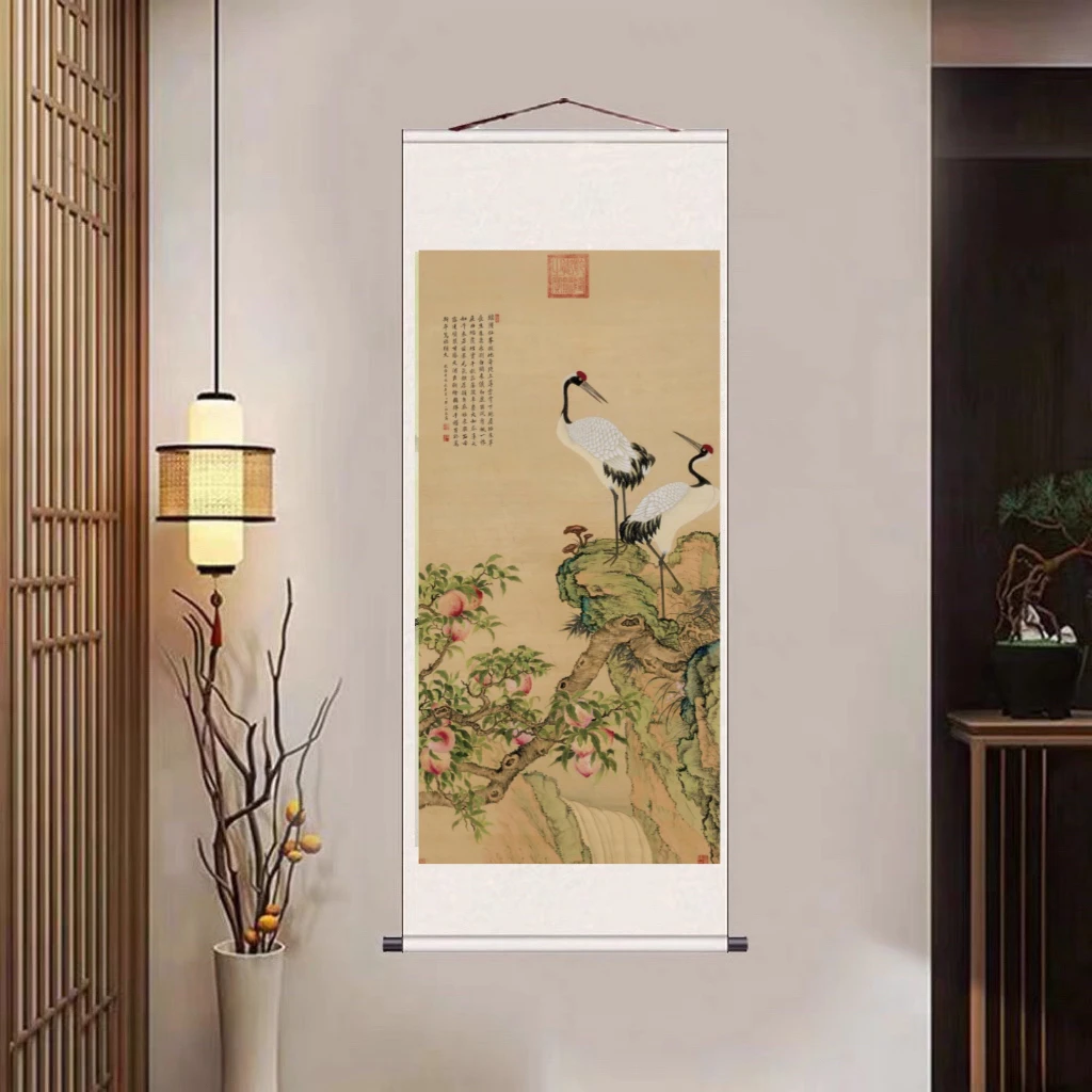 蟠桃双鹤三尺已装裱155cm*60cm客厅卧室书房中堂大堂装饰画
