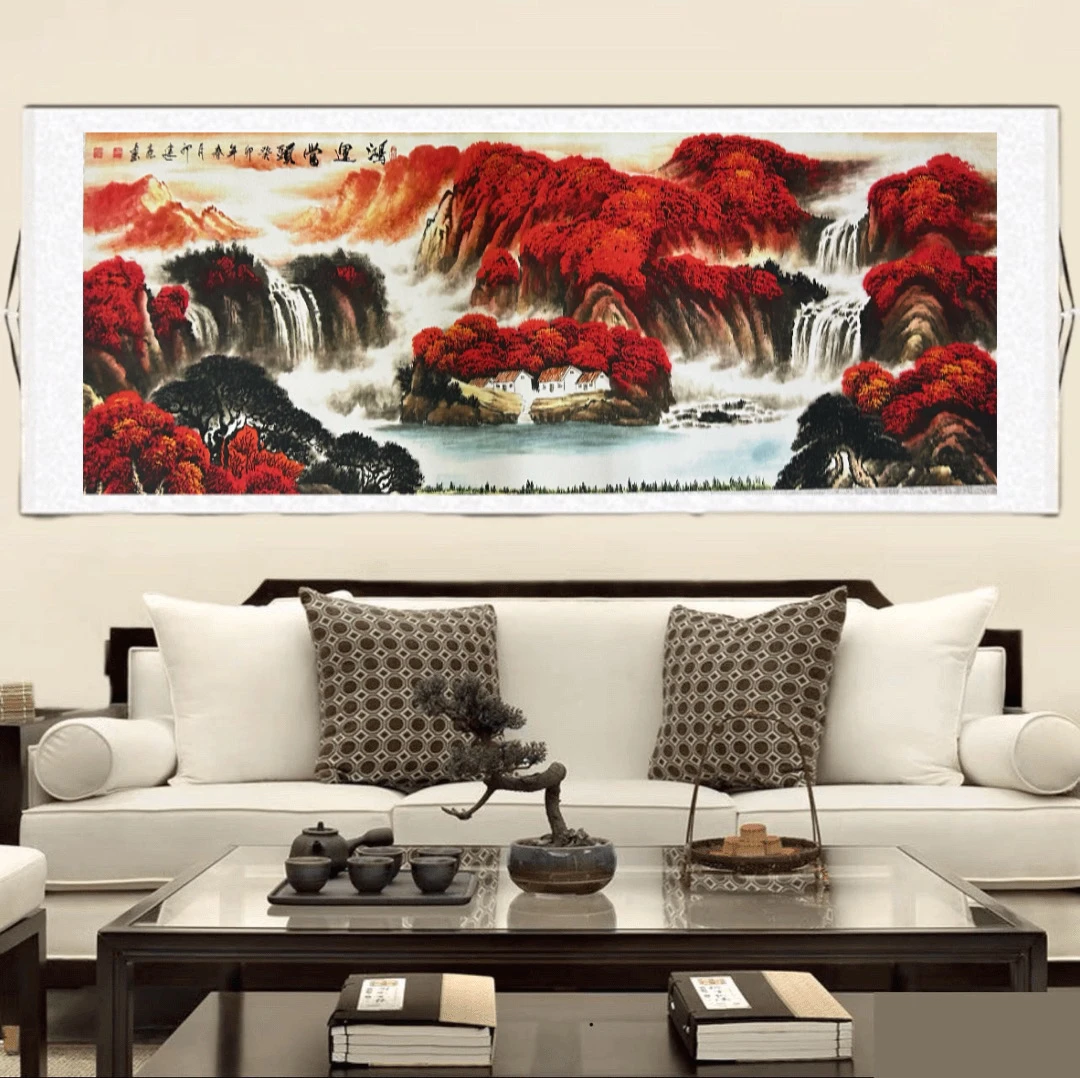 鸿运当头无太阳横款已装裱1.8✖️70客厅书房办公室山水风景画挂画