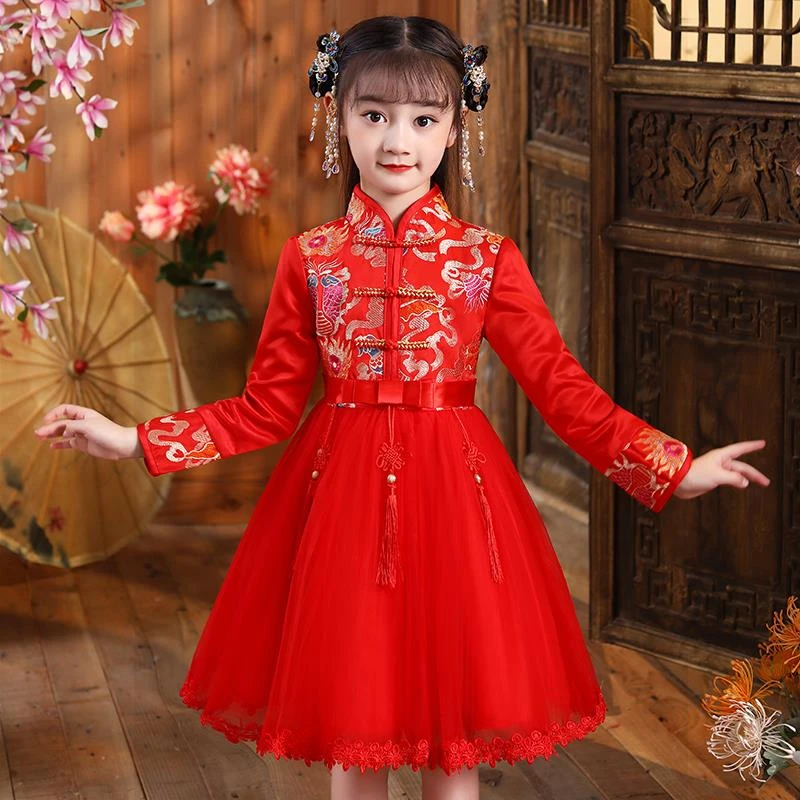 拜年服女童旗袍冬季过年儿童唐装加厚中国风加绒洋装公主新年裙
