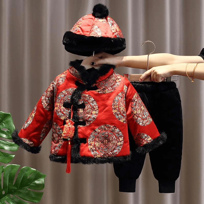 男童唐装中国风宝宝周岁礼服冬季加绒拜年服儿童汉服过年喜庆衣服