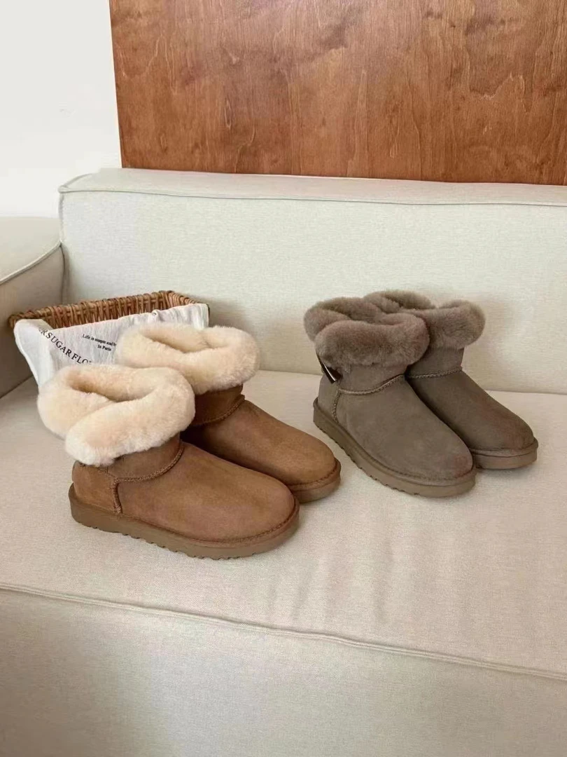 （牛角扣）桑坡真皮毛一体雪地靴冬季保暖防滑透气百搭