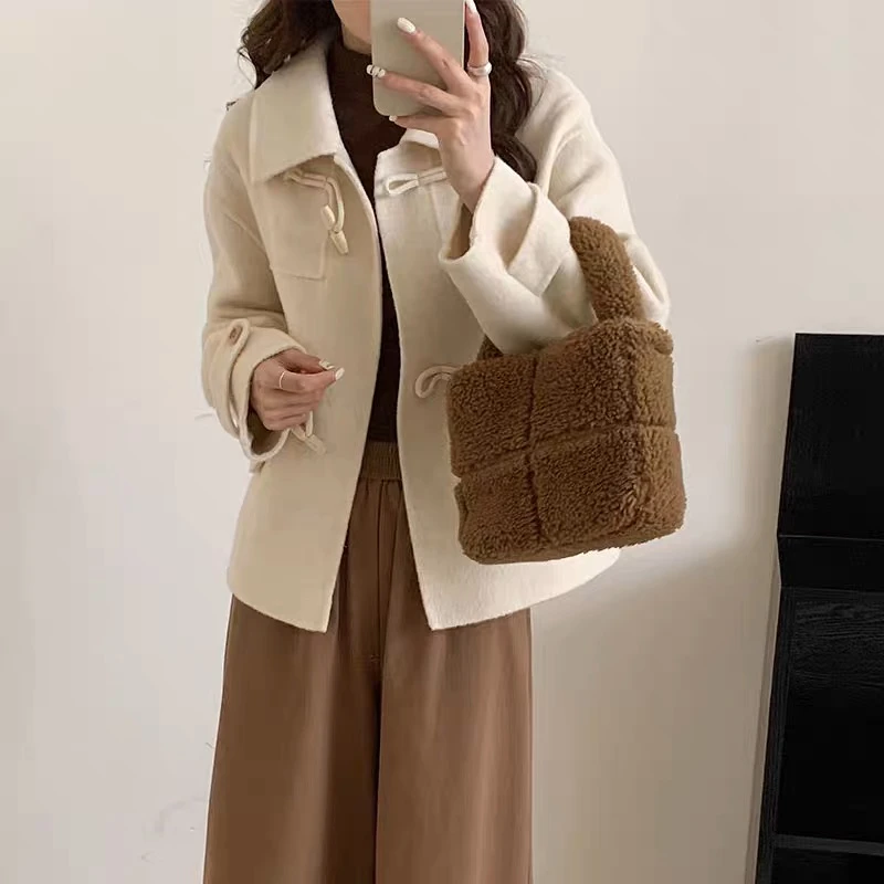 【阿雪专属】306新款双面羊毛大衣短款牛角扣毛呢外套