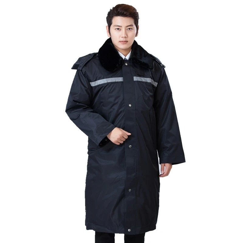 冬季黑色加厚保安大衣可拆卸物业加绒保暖中长款防寒棉服军棉大衣