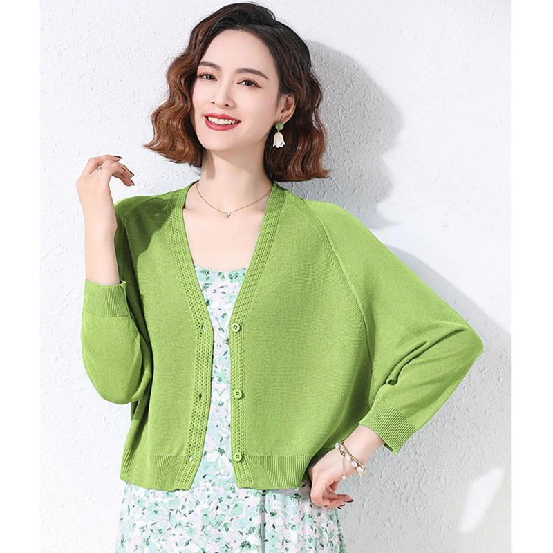 俏悠然9391天丝麻针织开衫外套纯色三粒扣v领短款外2025披上衣