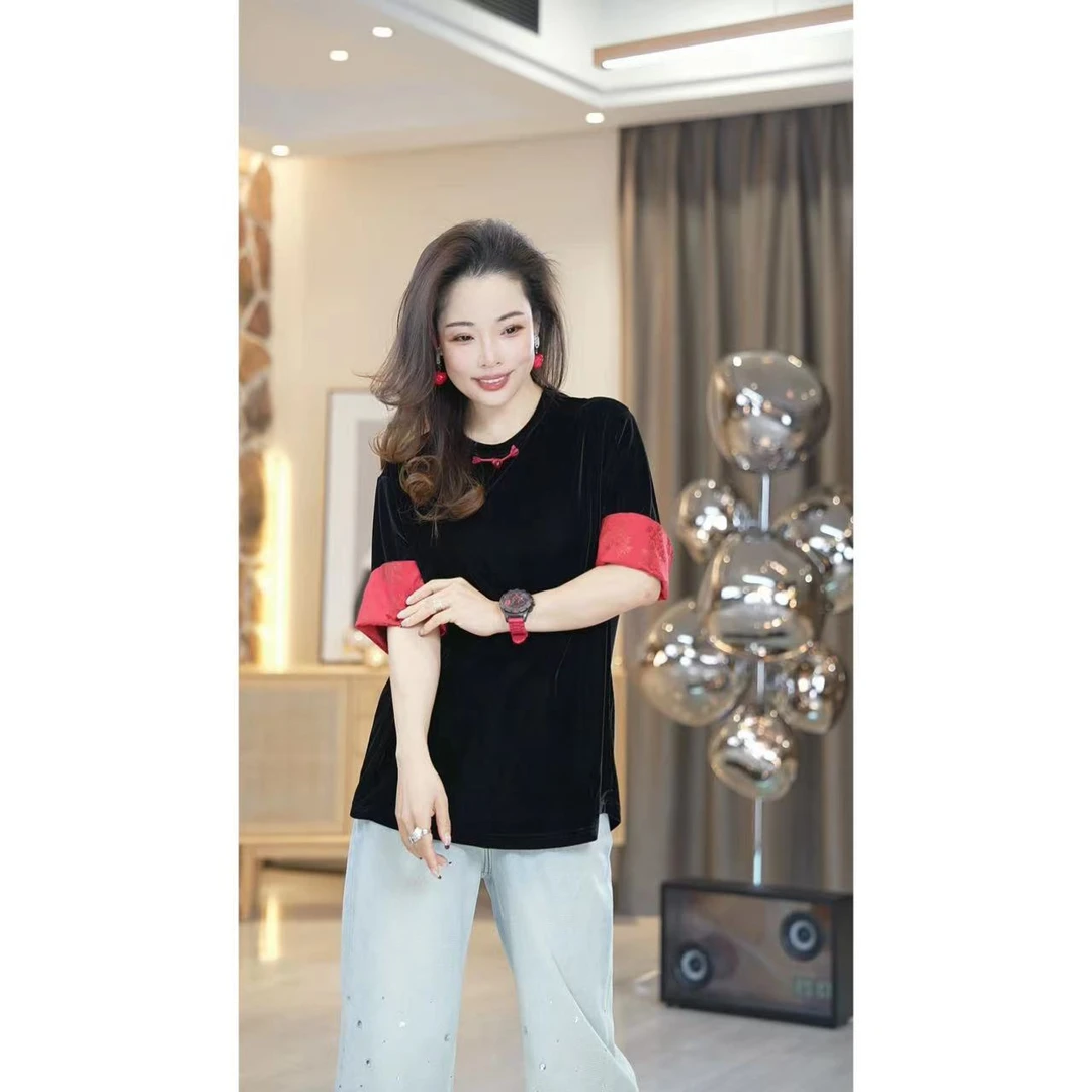 FER丝绒金丝绒拼接撞色宽松短袖感国风盘扣T恤显瘦休闲百搭修身