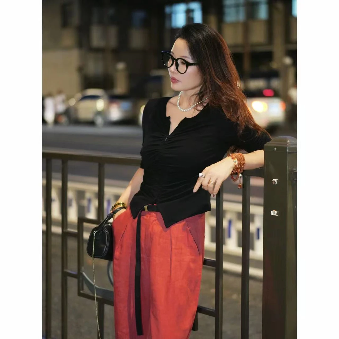 FER新款褶皱性感修身T恤圆领双拉链打底小衫透气双拉链显瘦上衣