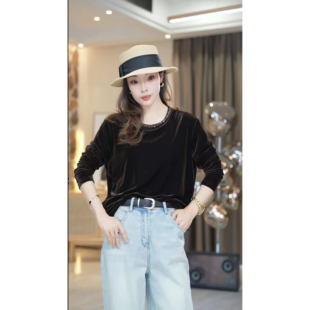 FER显瘦常规黑色钉珠圆领春季宽松洋气百搭修身T恤气质款时尚