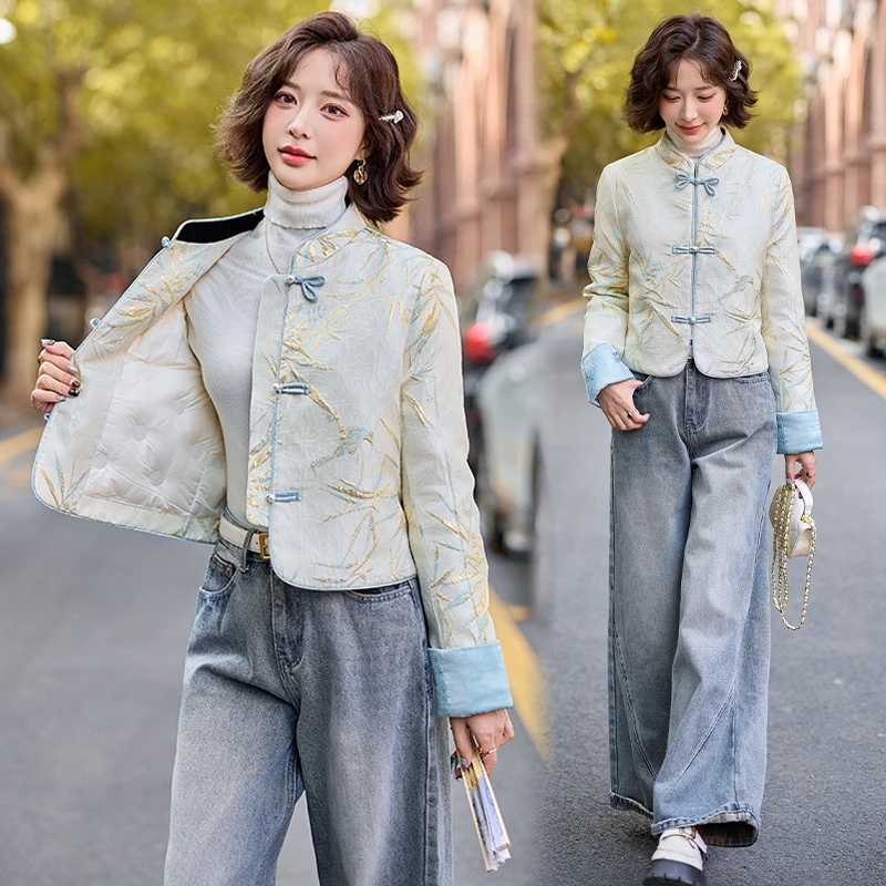 新中式国风提花羽绒服女2025冬季款立领盘扣高级感白鸭绒短款外套