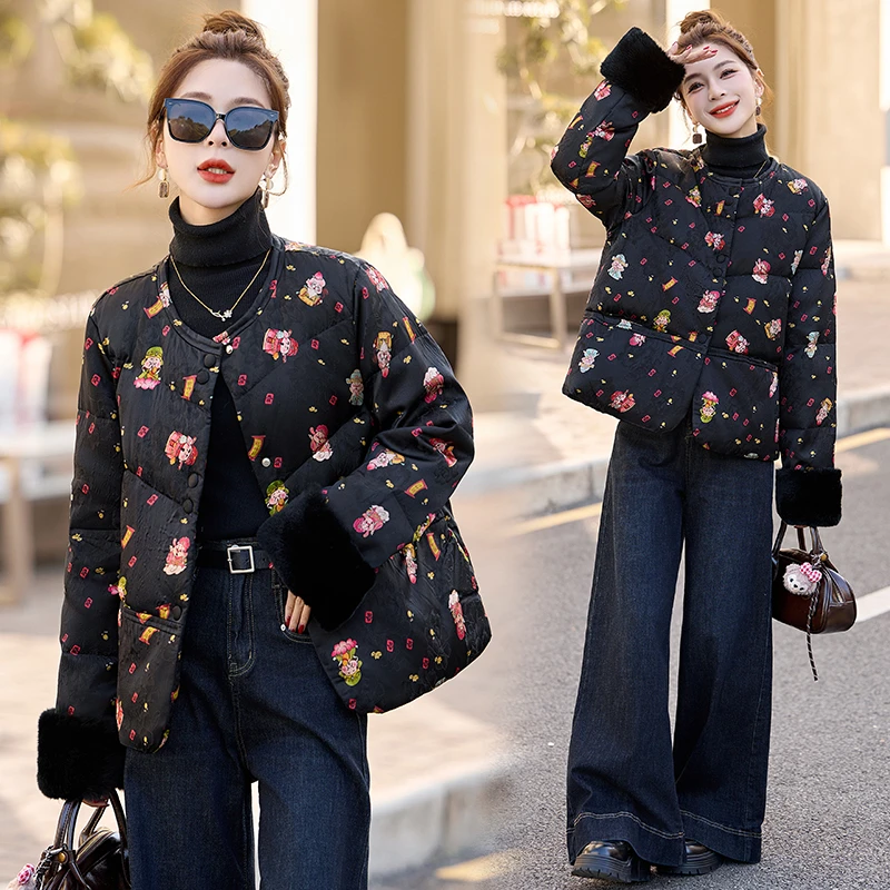 新中式复古印花羽绒服女2024冬季新款毛绒拼接气质白鸭绒短款外套