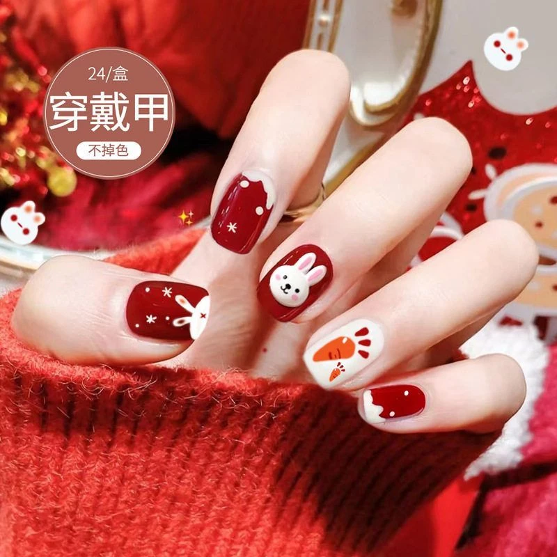 2025新年款穿戴甲美甲甲片萌趣小兔子卡通手工穿戴美甲贴片显白