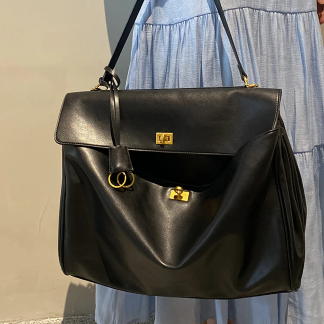 2024新款女包大容量真皮锁扣单肩腋下包托特包软皮凯莉大包手提包