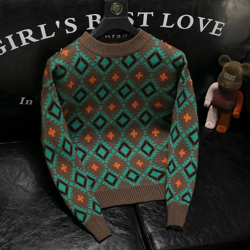 欧货秋冬新款韩版潮牌撞色男士复古圆领毛衣青年提花打底针织衫潮