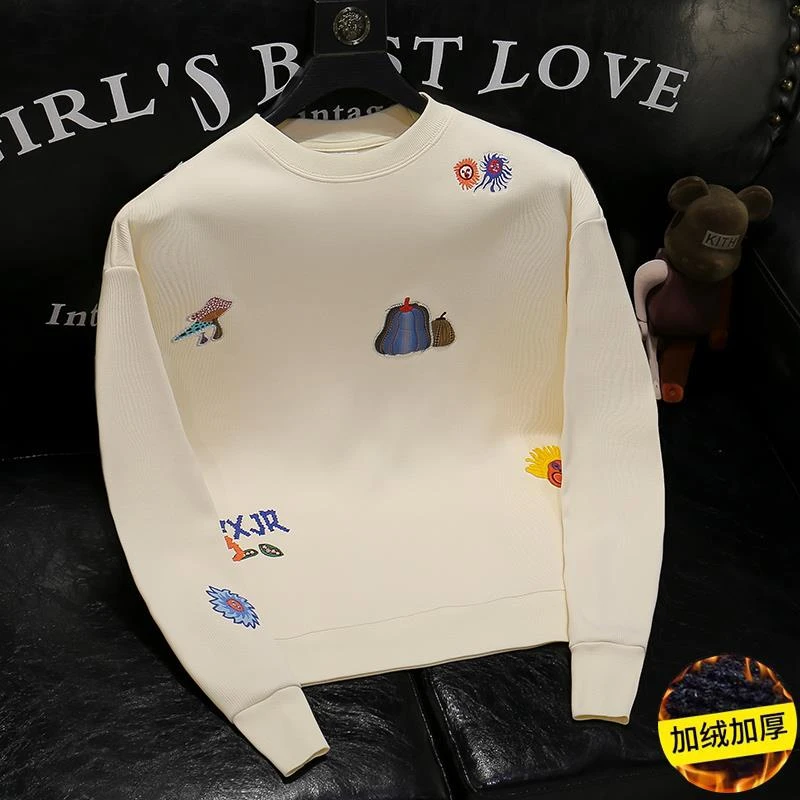 欧货冬季新款高端刺绣潮牌男士圆领卫衣加绒加厚韩版青年套头上衣