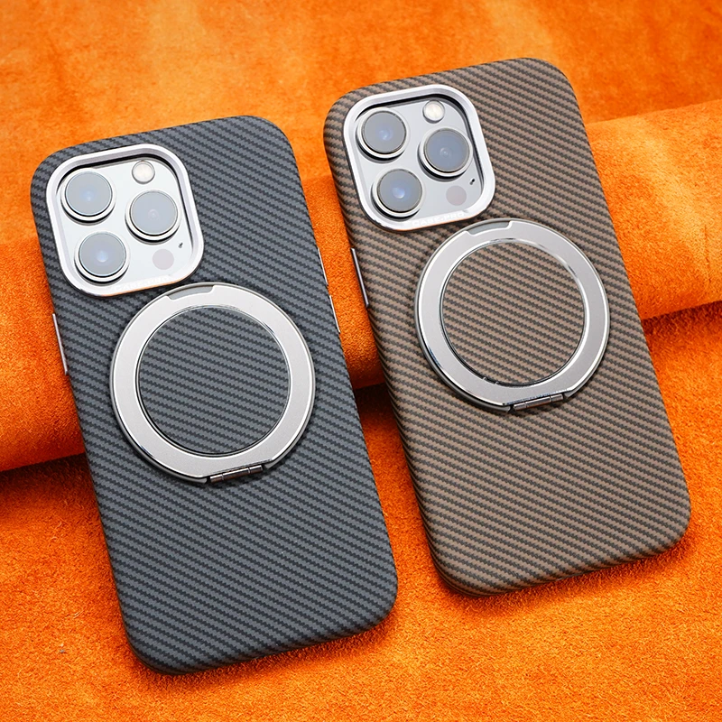 适用苹果15ProMax旋转磁吸支架手机壳碳纤维皮纹iPhone14/13防摔