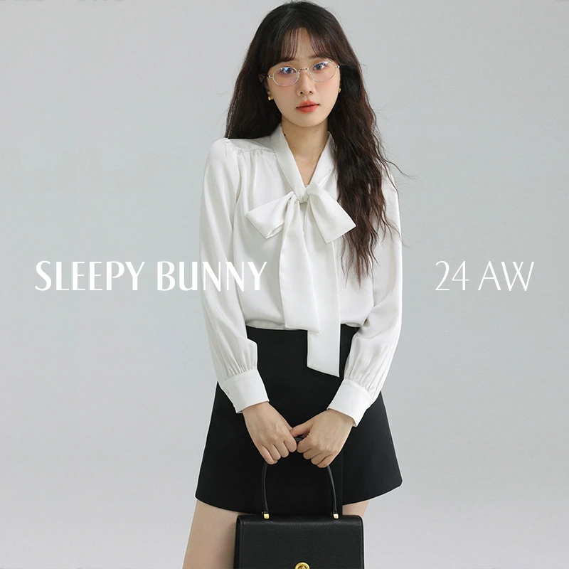 瞌睡兔 蝴蝶结系带缎面长袖衬衫女秋设计感气质通勤显瘦垂坠上衣