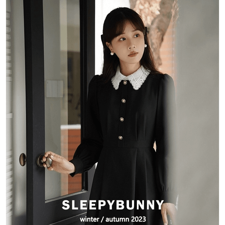 瞌睡兔 学院风娃娃领假两件连衣裙女秋冬复古减龄收腰显瘦A字长裙