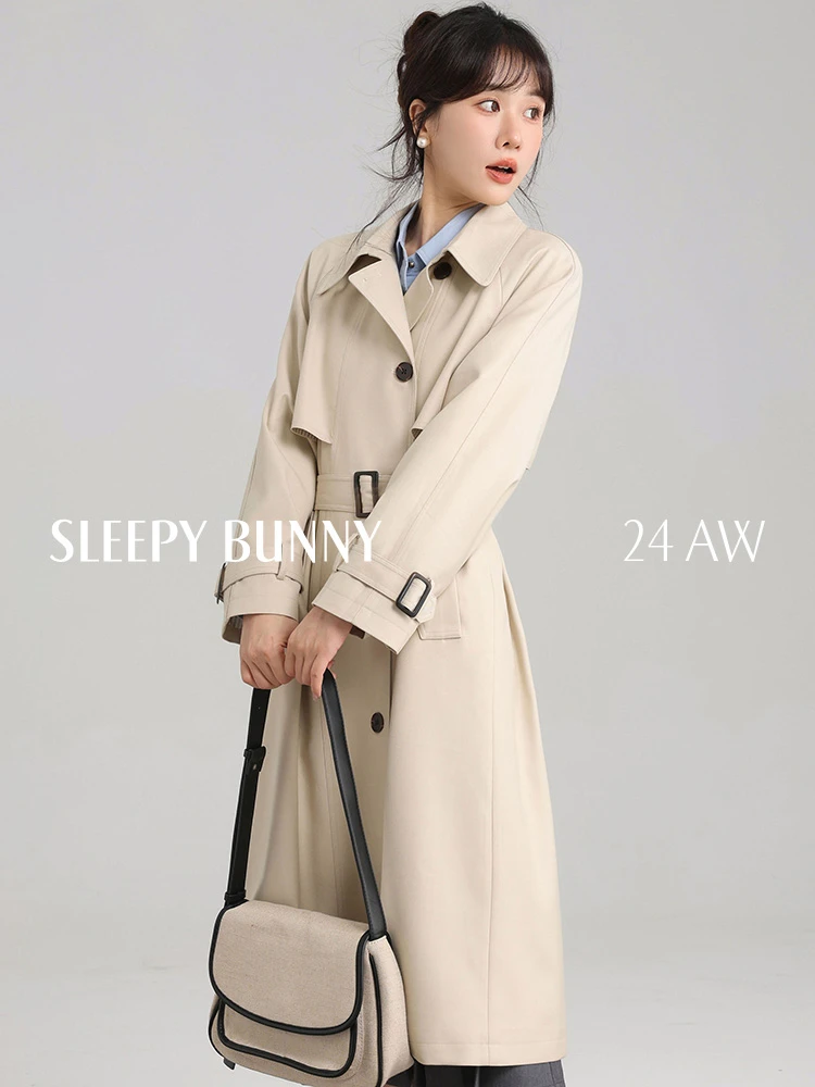 瞌睡兔 杏色女秋新款韩版休闲气质收腰显瘦长款风衣外套 245488