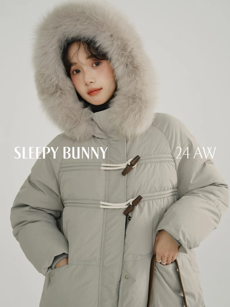 瞌睡兔 白鸭绒羽绒服女冬宽松保暖防风加厚灰色大毛领外套 241683