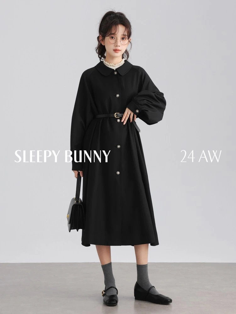 瞌睡兔 复古黑色中长款风衣秋季气质简约休闲宽松显瘦外套 244231