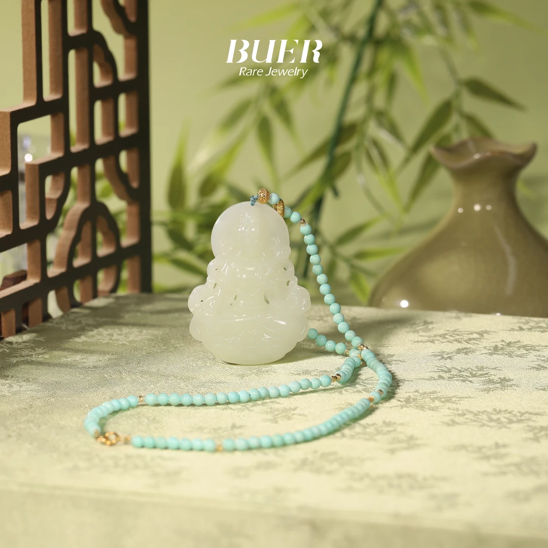 【不二】和田白玉度母吊坠绿松项链18k金镶嵌