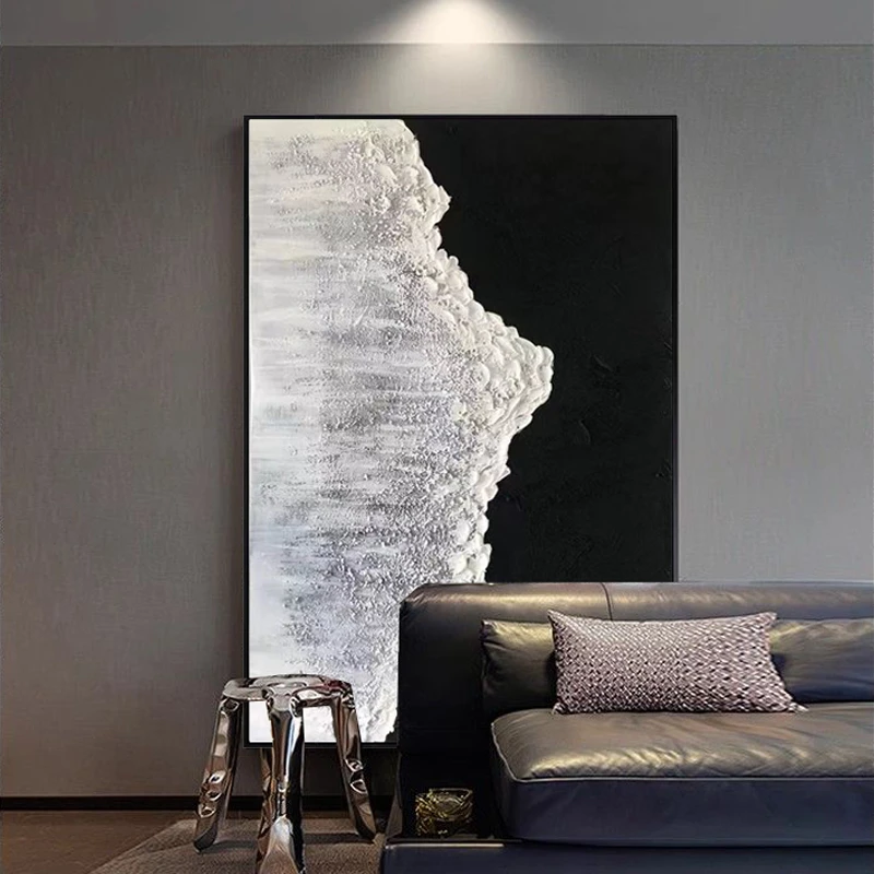 厚肌理极简抽象立体海浪沙滩装饰画手绘大幅黑白玄关沙发落地画