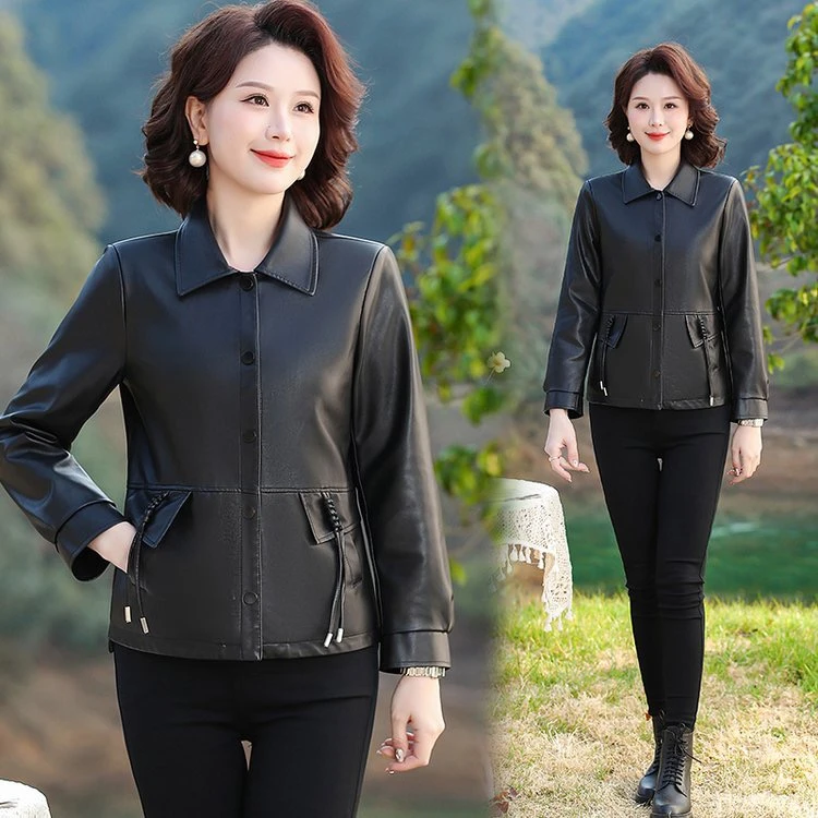 新中式翻领皮衣皮夹克妈妈女士中老年春秋短外套中国风皮夹克9101