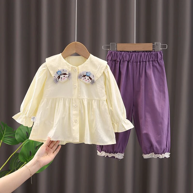 女童套装春秋2024新款洋气甜美儿童春季娃娃领衬衫女宝宝时髦春装